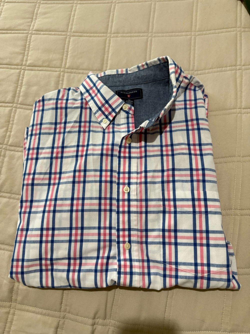 Saddlebred White Button-Down Shirt with Blue & Pink Plaid